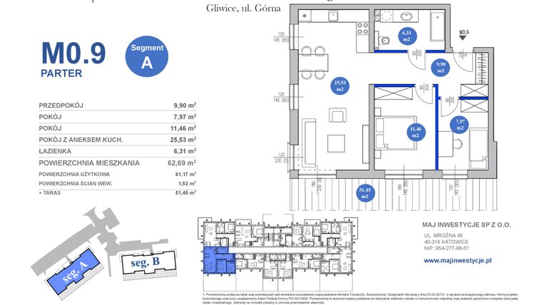 Rzut - Mieszkanie na sprzedaż 3 pokoje o powierzchni 61,17 m² - numer M0.9 w Osiedle Majowe 2.0 etap II
