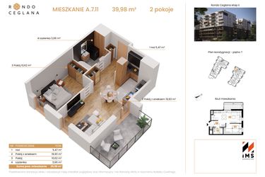 Rzut - Mieszkanie na sprzedaż 2 pokoje o powierzchni 39,98 m² - numer A.7.11 w Rondo Ceglana etap II