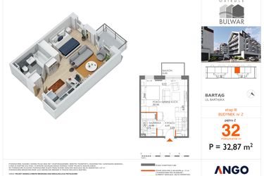 Rzut - Mieszkanie na sprzedaż 1 pokój o powierzchni 32,87 m² - numer 32 w Bulwar bud. 2