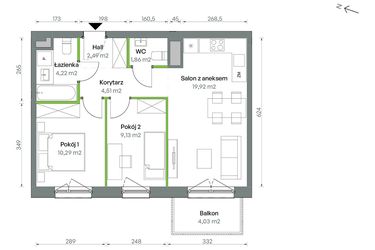 Rzut - Mieszkanie na sprzedaż 3 pokoje o powierzchni 52,42 m² - numer 1/A/2/94 w Oliwska Vita