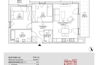 Rzut - Mieszkanie na sprzedaż 3 pokoje o powierzchni 65,74 m² - numer A2.1.1 w Zacisze Marcelin IIIa