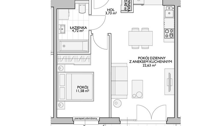 Rzut - Mieszkanie na sprzedaż 2 pokoje o powierzchni 44,01 m² - numer WO/P33/44 w Wiszące Ogrody
