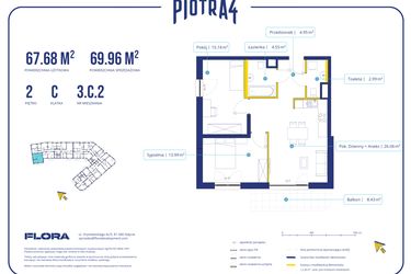 Rzut - Mieszkanie na sprzedaż 3 pokoje o powierzchni 67,68 m² - numer 3C2 w Piotra 4