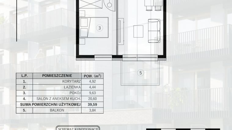 Rzut - Mieszkanie na sprzedaż 2 pokoje o powierzchni 39,59 m² - numer 47 w Młody Straszyn Park VI - bud. B
