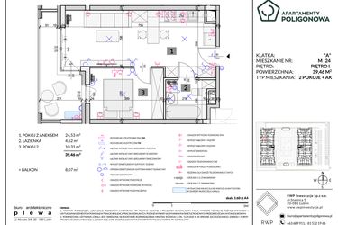 Rzut - Mieszkanie na sprzedaż 2 pokoje o powierzchni 39,46 m² - numer 24 w Apartamenty Poligonowa etap 5