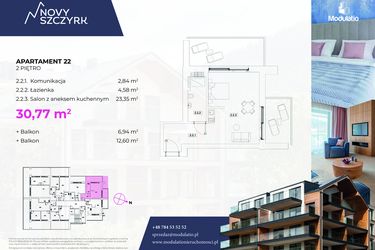 Rzut - Mieszkanie na sprzedaż 1 pokój o powierzchni 30,77 m² - numer 22 w Novy Szczyrk