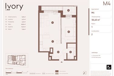 Rzut - Mieszkanie na sprzedaż 2 pokoje o powierzchni 50,4 m² - numer M04 w Ivory