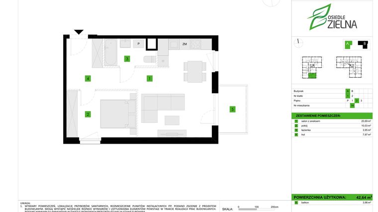 Rzut - Mieszkanie na sprzedaż 2 pokoje o powierzchni 42,64 m² - numer A14 w Osiedle Zielna IV faza 2