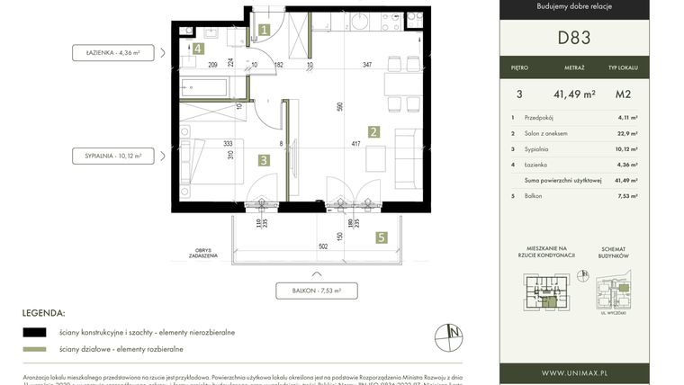 Rzut - Mieszkanie na sprzedaż 2 pokoje o powierzchni 41,49 m² - numer D83 w Quattro Ursynów