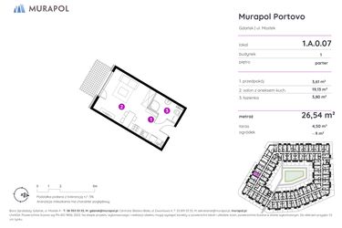 Rzut - Mieszkanie na sprzedaż 1 pokój o powierzchni 26,54 m² - numer 1.A.0.07 w Murapol Portovo etap II