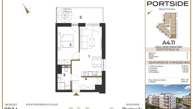 Rzut - Mieszkanie na sprzedaż 2 pokoje o powierzchni 39,51 m² - numer A4.11 w Portside Bałtycka