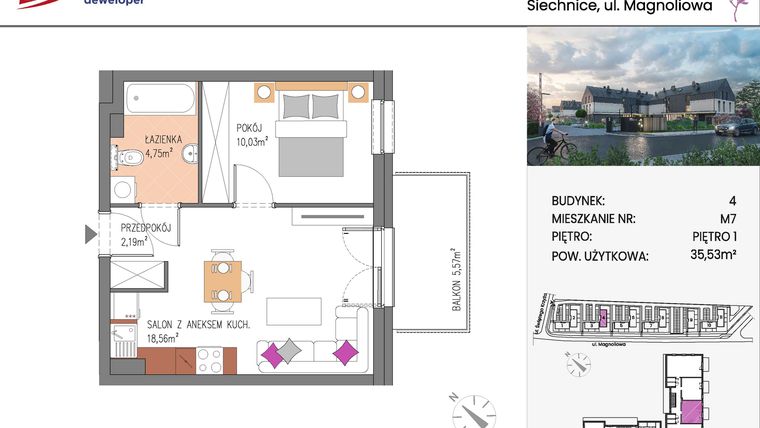 Rzut - Mieszkanie na sprzedaż 2 pokoje o powierzchni 35,53 m² - numer Bud.4-7 w Willa Magnolia