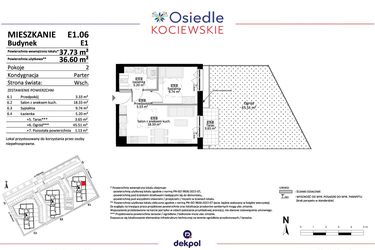 Rzut - Mieszkanie na sprzedaż 2 pokoje o powierzchni 36,6 m² - numer E1.06 w Osiedle Kociewskie bud. E