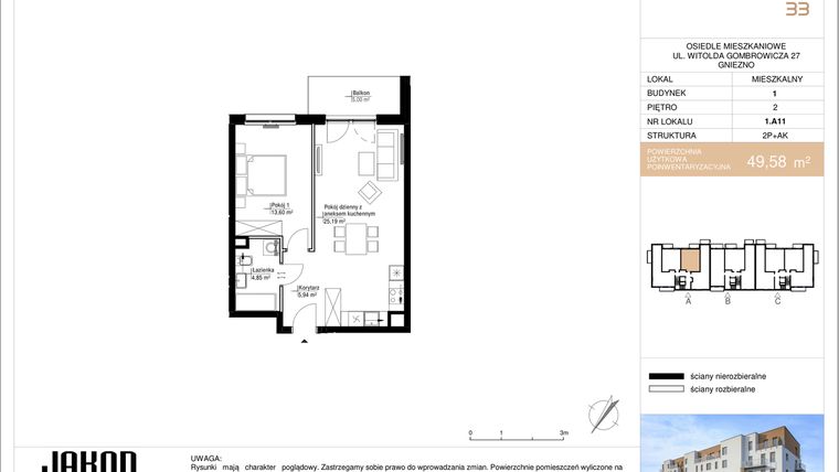 Rzut - Mieszkanie na sprzedaż 2 pokoje o powierzchni 49,58 m² - numer 1.A11 w Gombrowicza 33