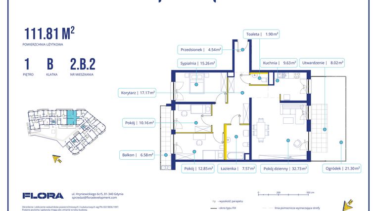 Rzut - Mieszkanie na sprzedaż 4 pokoje o powierzchni 111,81 m² - numer 2.B.2 w Piotra 4