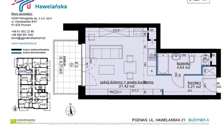 Rzut - Mieszkanie na sprzedaż 1 pokój o powierzchni 31,27 m² - numer A/4/35 w Osiedle Hawelańska etap III - bud. A