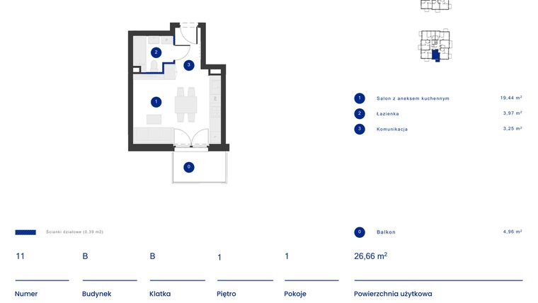 Rzut - Mieszkanie na sprzedaż 1 pokój o powierzchni 26,66 m² - numer B.11 w Osiedle Inverso