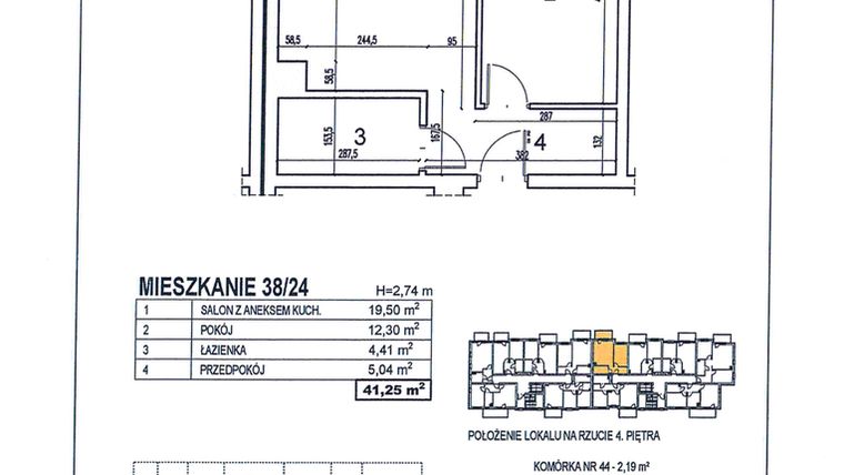 Rzut - Mieszkanie na sprzedaż 2 pokoje o powierzchni 41,25 m² - numer 38/24 w Osiedle Jodłowa bud. D