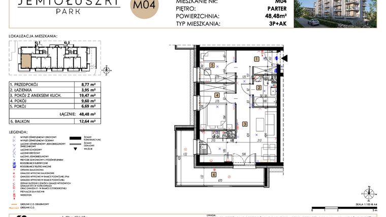 Rzut - Mieszkanie na sprzedaż 3 pokoje o powierzchni 48,48 m² - numer A2_M04 w Jemiołuszki Park etap 2