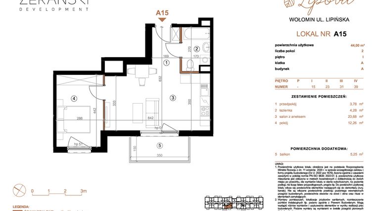 Rzut - Mieszkanie na sprzedaż 2 pokoje o powierzchni 44 m² - numer A15 w LIPOVA