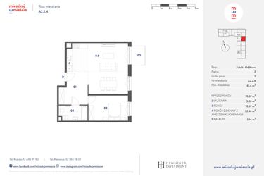 Rzut - Mieszkanie na sprzedaż 2 pokoje o powierzchni 61,4 m² - numer A2.2.4 w Mieszkaj w mieście Załęska od Nowa