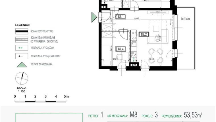Rzut - Mieszkanie na sprzedaż 3 pokoje o powierzchni 53,53 m² - numer 8 w Kolarska Koncept