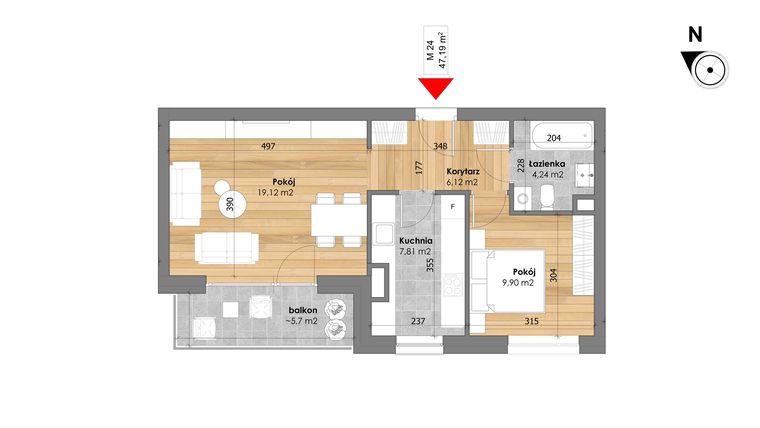 Rzut - Mieszkanie na sprzedaż 2 pokoje o powierzchni 47,19 m² - numer M24 w Przy Kochanowskiego