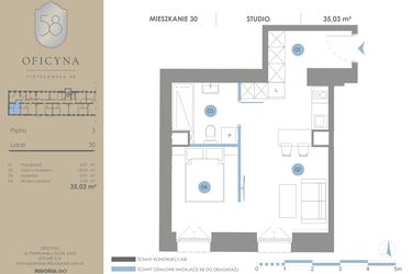 Rzut - Mieszkanie na sprzedaż 1 pokój o powierzchni 35,03 m² - numer 30 w Oficyna - Apartamenty Inwestycyjne Apart Hotel