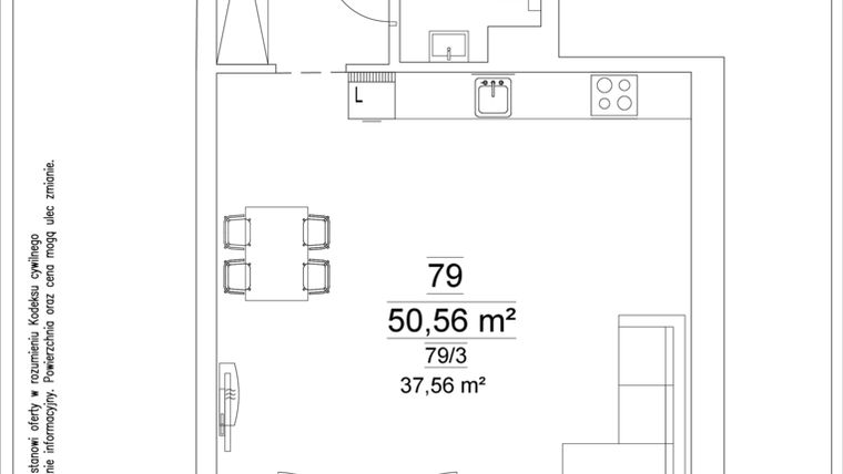 Rzut - Mieszkanie na sprzedaż 1 pokój o powierzchni 50,56 m² - numer 79 w Osiedle Teatralne 19