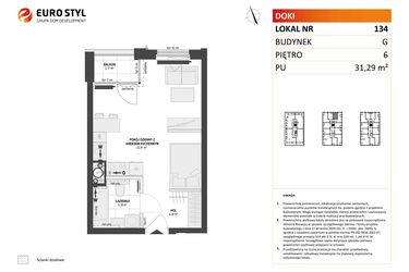 Rzut - Mieszkanie na sprzedaż 1 pokój o powierzchni 31,29 m² - numer G.134 w DOKI Living etap II