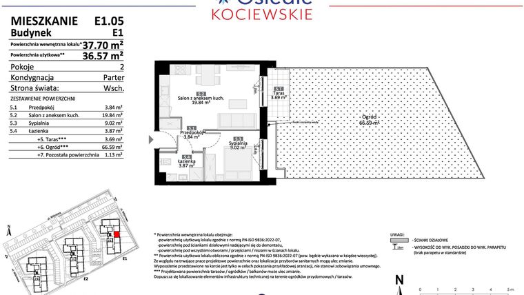 Rzut - Mieszkanie na sprzedaż 2 pokoje o powierzchni 36,57 m² - numer E1.05 w Osiedle Kociewskie bud. E