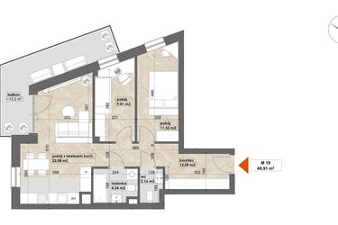 Rzut - Mieszkanie na sprzedaż 3 pokoje o powierzchni 60,91 m² - numer 19 w Apartamenty Śródmieście