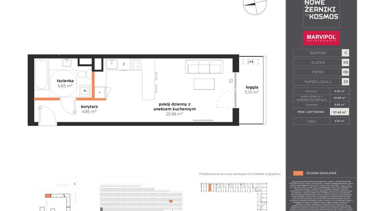 Rzut - Mieszkanie na sprzedaż 1 pokój o powierzchni 37,48 m² - numer C-06-23-K5 w Nowe Żerniki to KOSMOS