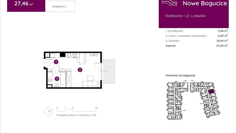 Rzut - Mieszkanie na sprzedaż 1 pokój o powierzchni 27,46 m² - numer 2.B.0.03 w Murapol Nowe Bogucice