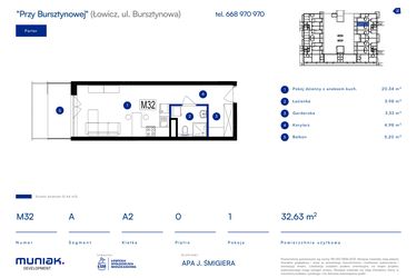 Rzut - Mieszkanie na sprzedaż 1 pokój o powierzchni 32,63 m² - numer 32A w Przy Bursztynowej