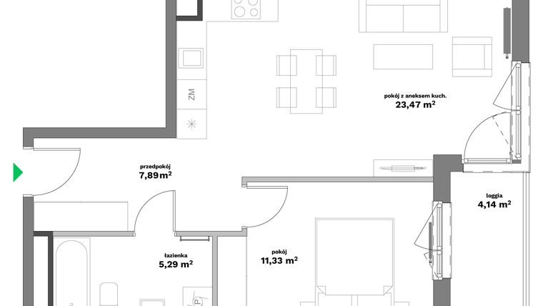 Rzut - Mieszkanie na sprzedaż 2 pokoje o powierzchni 47,98 m² - numer B2-7 w Forma Otwarta etap II