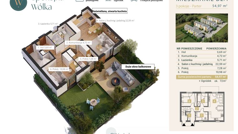 Rzut - Mieszkanie na sprzedaż 3 pokoje o powierzchni 54,97 m² - numer D2/1 w Spokojna Wólka etap IV