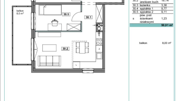 Rzut - Mieszkanie na sprzedaż 3 pokoje o powierzchni 51,02 m² - numer E.30 w Osiedle Kościuszki
