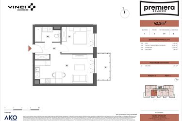 Rzut - Mieszkanie na sprzedaż 2 pokoje o powierzchni 42,5 m² - numer C.09 w Premiera Bemowo