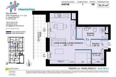 Rzut - Mieszkanie na sprzedaż 1 pokój o powierzchni 36,36 m² - numer A/8/74B w Osiedle Hawelańska etap III - bud. A