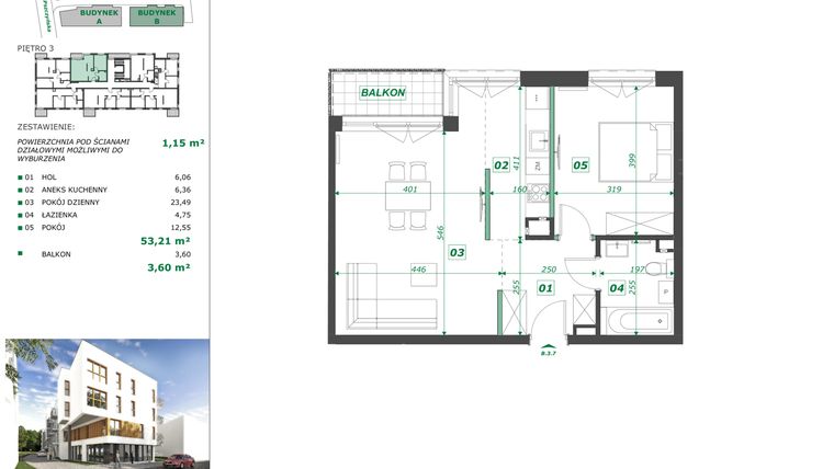 Rzut - Mieszkanie na sprzedaż 2 pokoje o powierzchni 54,36 m² - numer B.3.7 w Apartamenty Pszczyńska