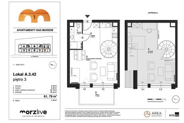 Rzut - Mieszkanie na sprzedaż 2 pokoje o powierzchni 61,79 m² - numer A.3.42 w Morzlive