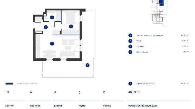 Rzut - Mieszkanie na sprzedaż 2 pokoje o powierzchni 46,33 m² - numer A.03 w Osiedle Inverso