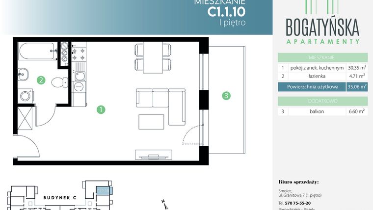 Rzut - Mieszkanie na sprzedaż 1 pokój o powierzchni 35,06 m² - numer C1.1.10 w Bogatyńska Apartamenty etap 3