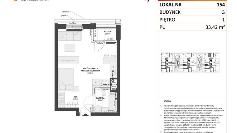 Rzut - Mieszkanie na sprzedaż 1 pokój o powierzchni 33,42 m² - numer G.154 w DOKI Living etap II