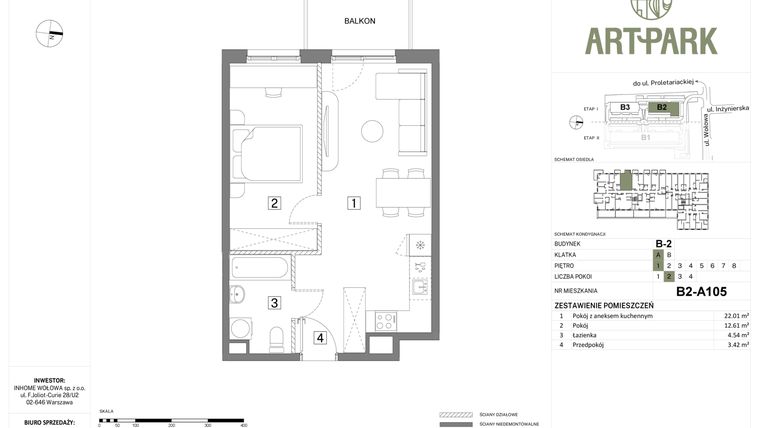 Rzut - Mieszkanie na sprzedaż 2 pokoje o powierzchni 42,58 m² - numer B.2.A105 w Inhome Osiedle ArtPark etap I