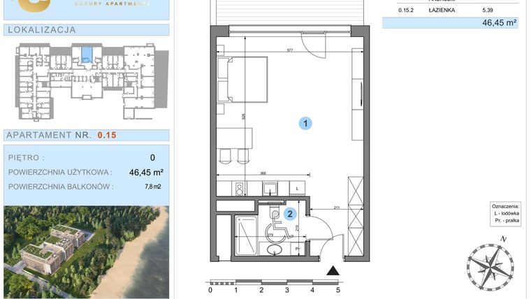 Rzut - Mieszkanie na sprzedaż 1 pokój o powierzchni 46,45 m² - numer 0.15 w Ustronie Luxury Apartments