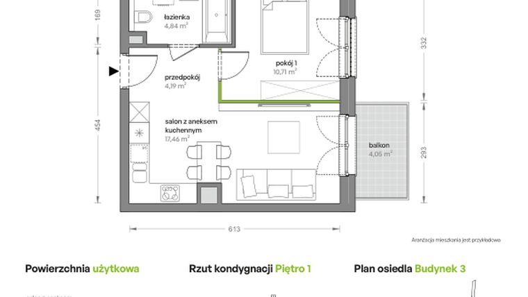 Rzut - Mieszkanie na sprzedaż 2 pokoje o powierzchni 37,2 m² - numer B3/B/09 w Ceglana Park