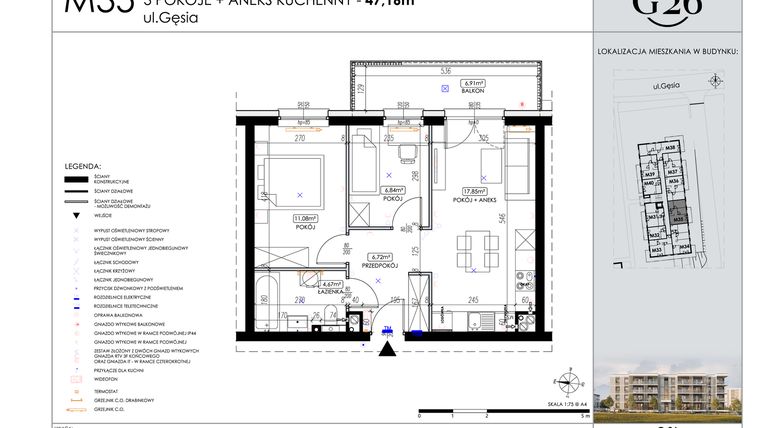 Rzut - Mieszkanie na sprzedaż 3 pokoje o powierzchni 47,16 m² - numer 35 w Gęsia 26
