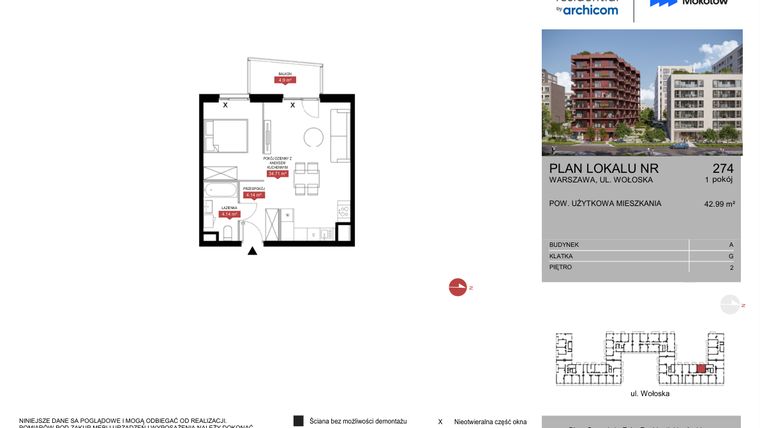 Rzut - Mieszkanie na sprzedaż 1 pokój o powierzchni 42,99 m² - numer A.274 w Modern Mokotów